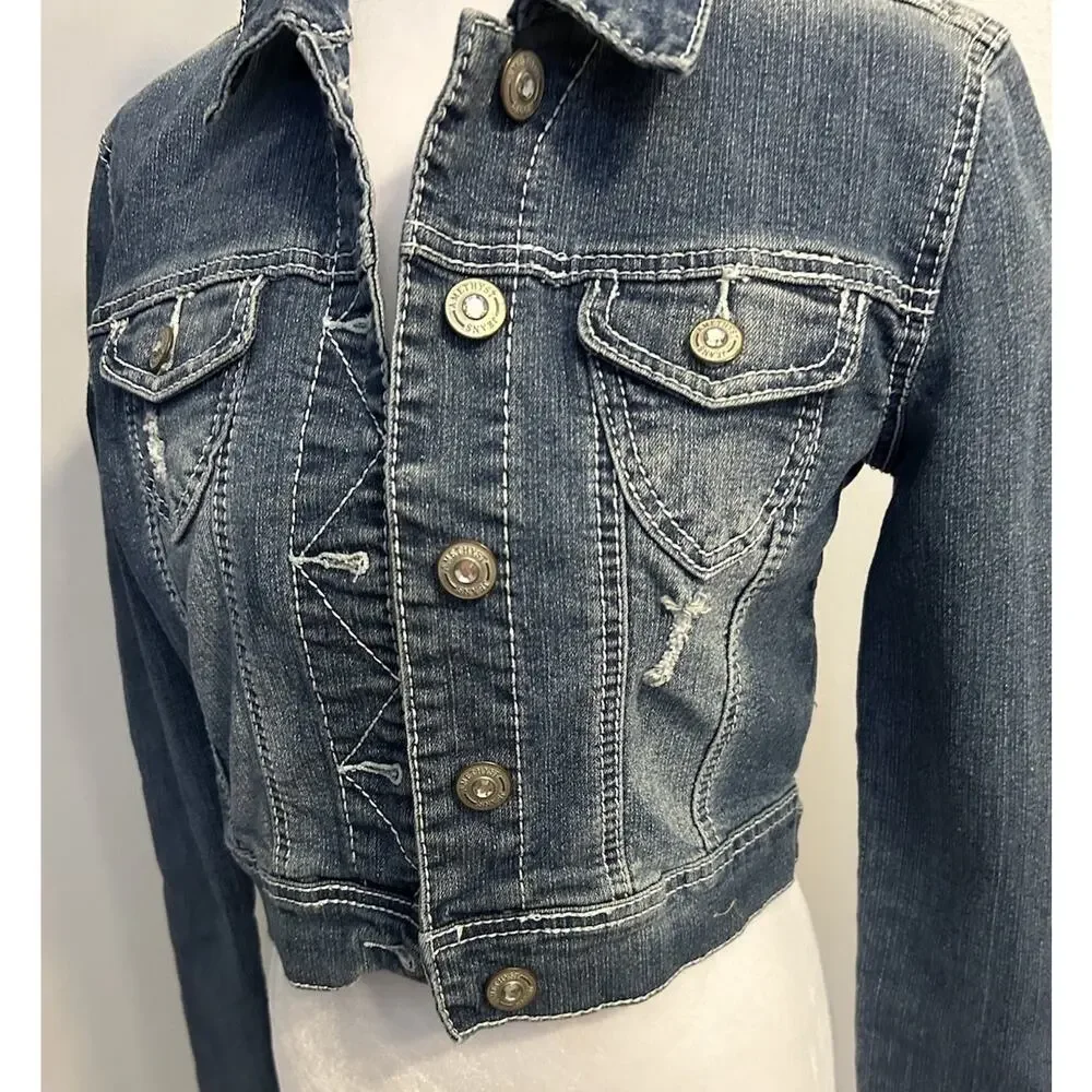 Y2K Cropped Jean Jacket Women's S Western Rhinestone Bling Sexy Hipster Country
